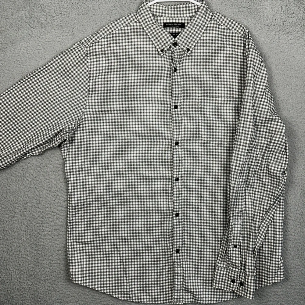 Banana Republic Shirt Mens 2XL Black White Grant Fit Luxe Flannel Gingham Check